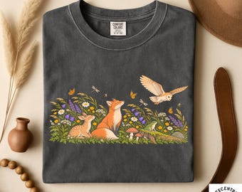Woodland Animals Shirt - Comfort Colors Cottagecore Tee - Fox Fawn Barn Owl Frog Mushroom Wildflower Meadow Art - Nature Lover Gift for Her