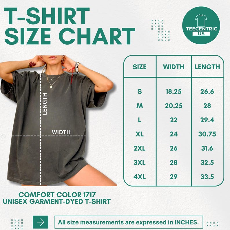 Peut inclure: Tableau des tailles pour un t-shirt unisexe teint en pi&egrave;ce. Le tableau indique les mesures en pouces pour les tailles S &agrave; 4XL. Le t-shirt est de couleur gris fonc&eacute;. Le texte "T-SHIRT SIZE CHART" est en haut.