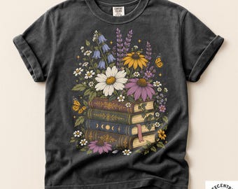 Wildflower Books Shirt - Comfort Colors Cottagecore Tee - Men & Women's Unisex Graphic Tee - Dark Academia Botanical Art - Bookish Gift Tee