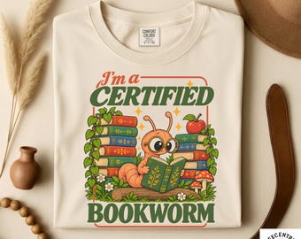 Im A Certified Bookworm Shirt - Comfort Colors Cute Reading Tee - Retro Cartoon Worm Book Stack Mushroom Art - Librarian Teacher Gift Tee