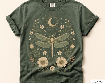 Comfort Colors Dragonfly Moon Shirt - Celestial Cottagecore Tee - Mystical Moth Lover Gift - Witchy Boho Botanical Shirt - Fairycore Tee