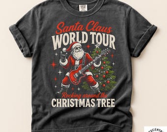 Santa Claus World Tour Shirt - Comfort Colors Rock Christmas Tee - Guitar Rockstar Santa Art - Funny Retro Christmas Music Gift Tee