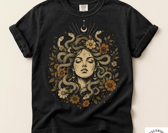 Medusa Boho Shirt for Women - Vintage Botanical Snake Goddess Tee - Dark Academia Celestial Witchy Gift - Comfort Colors Graphic Tee