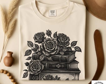 Linocut Books and Roses Comfort Colors T-Shirt - Vintage Bookish Tee - Floral Book Lover Shirt - Dark Academia Reading Gift - Rose Tee
