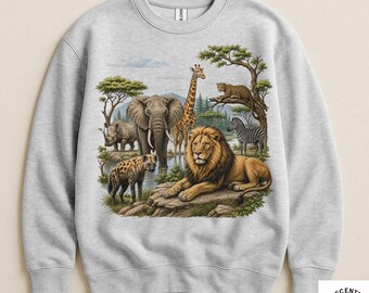 African Safari Wildlife Sweatshirt - Gildan Crewneck - Vintage Savanna Lion Elephant Art - Big Five Watering Hole - Nature Lover Gift Tee