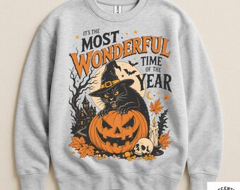 It's The Most Wonderful Time of Year Sweatshirt - Gildan Crewneck - Black Cat Pumpkin Art - Vintage Halloween Skull Moon - Spooky Gift Tee