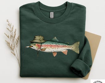 Rainbow Trout Bucket Hat Sweatshirt - Gildan Crewneck Pullover - Smoking Fish Meme Angler - Funny Fisherman Dad Gift - Fishing Humor Tee