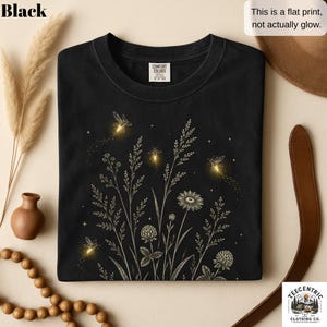 Comfort Colors Firefly Wildflower Shirt - Cottagecore Lightning Bug Tee - Botanical Nature Lover Gift - Boho Garden Aesthetic Shirt Black