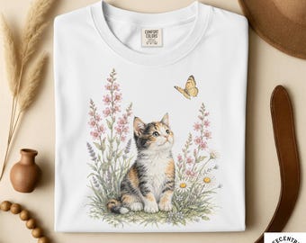 Calico Cat Wildflower Shirt - Comfort Colors Botanical Cat Tee - Men & Women's Unisex Graphic Tee - Cottagecore Kitten - Cat Lover Gift