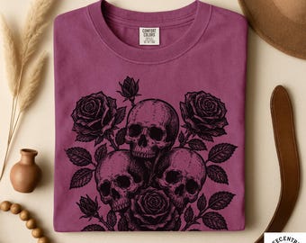 Comfort Colors Skull Linocut Shirt - Gothic Skull and Roses Tee - Dark Botanical Block Print Gift - Goth Aesthetic Shirt - Vintage Skull