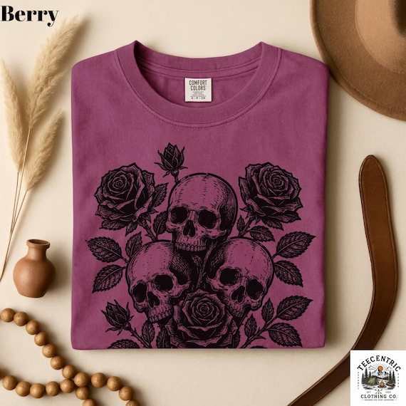 Comfort Colors Skull Linocut Shirt - Gothic Skull and Roses Tee - Dark Botanical Block Print Gift - Goth Aesthetic Shirt - Vintage Skull