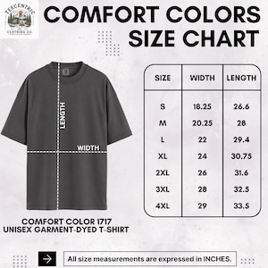 K&ouml;nnte beinhalten: Ein dunkelgraues Unisex-T-Shirt, gef&auml;rbt. Eine Gr&ouml;&szlig;entabelle zeigt die Ma&szlig;e in Zoll f&uuml;r die Gr&ouml;&szlig;en S bis 4XL. Die Breite des Shirts variiert von 46,36 bis 73,66 cm, und die L&auml;nge von 67,56 bis 85,09 cm.