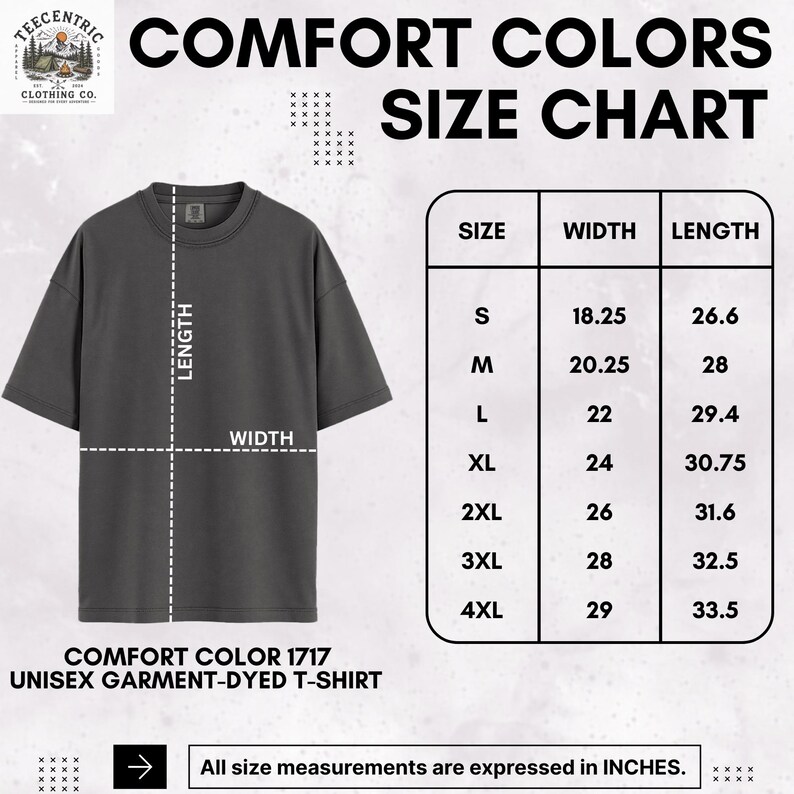 K&ouml;nnte beinhalten: Ein dunkelgraues Unisex-T-Shirt, gef&auml;rbt. Eine Gr&ouml;&szlig;entabelle zeigt die Ma&szlig;e in Zoll f&uuml;r die Gr&ouml;&szlig;en S bis 4XL. Die Breite des Shirts variiert von 46,36 bis 73,66 cm, und die L&auml;nge von 67,56 bis 85,09 cm.