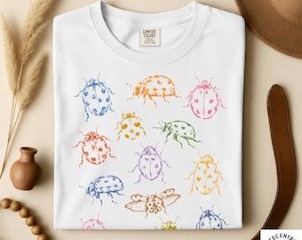 Comfort Colors Ladybug Shirt - Vintage Multicolor Bug Tee - Cottagecore Lucky Ladybug Gift - Entomology Garden Shirt - Easily Distracted