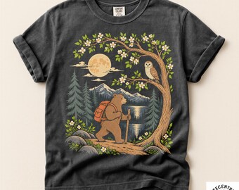 Hiking Bear Shirt - Comfort Colors Camping Tee - Backpacking Bear Owl Full Moon Mountain Lake Art - Vintage Cottagecore Nature Lover Gift