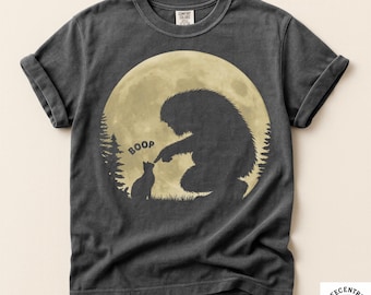 Bigfoot Boop Cat Shirt, Funny Sasquatch Cat Lover Comfort Colors Tee, Cute Moon Cat Gift for Her Him, Cryptid Kitty Unisex Graphic Top