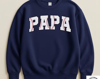 Papa Baseball Varsity Sweatshirt - Gildan Crewneck Pullover - Bold Letter Baseball Stitch Art - Fathers Day Grandpa Gift - Baseball Dad Tee