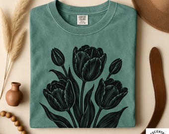 Comfort Colors Tulip Shirt - Vintage Linocut Botanical Tee - Block Print Tulip Gift - Cottagecore Floral Shirt - April Birth Flower Tee