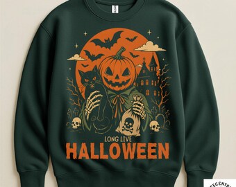 Long Live Halloween Sweatshirt - Gildan Crewneck Pullover - Pumpkin Head Black Cat Art - Skeleton Graveyard Moon - Spooky Season Gift Tee