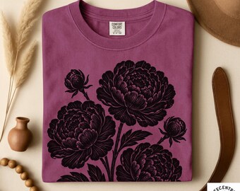 Comfort Colors Peony Shirt - Vintage Linocut Botanical Tee - Block Print Peonies Shirt - Cottagecore Boho Floral Gift - Woodcut Flower Tee