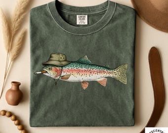 Camiseta divertida de pesca con sombrero de cubo de trucha arcoíris, regalo con meme de pez fumando para él, camiseta para el Día del Padre, camiseta unisex Comfort Colors Vintage Angler