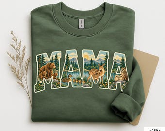 Sudadera Mamá - Sudadera Gildan de cuello redondo - Letras de animales salvajes Oso Ciervo Búho Pato Escena de la naturaleza Arte - Mamá Oso Bosque Regalo para el Día de la Madre