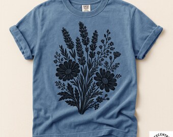 Comfort Colors Wildflower Botanical Shirt - Vintage Lavender Daisy Tee - Linocut Floral Shirt - Cottagecore Nature Gift - Boho Flower Tee