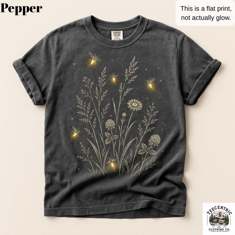 Comfort Colors Firefly Wildflower Shirt - Cottagecore Lightning Bug Tee - Botanical Nature Lover Gift - Boho Garden Aesthetic Shirt Pepper