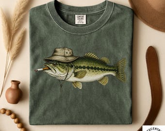 Comfort Colors Funny Bass Fish Shirt - Smoking Largemouth Bass Tee - Funny Fishing Gift for Dad - Retro Angler Shirt - Bass Lover Gift
