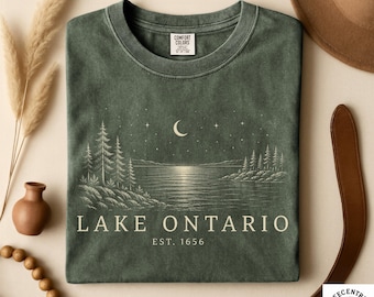 Lake Ontario Est 1656 Shirt - Comfort Colors Great Lakes Tee - Men & Women's Unisex Tee - Vintage Moonlit Pine Art - Toronto Vacation Gift