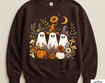 Cottagecore Ghost Witch Sweatshirt - Gildan Crewneck Pullover - Floral Mushroom Pumpkin Art - Ghostcore Witchy Halloween - Cute Gift Tee