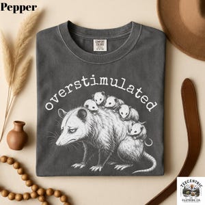 May include: A charcoal gray crew neck t-shirt featuring a white graphic illustration of a large opossum carrying several smaller opossums on its back. The text "overstimulated" is printed in a white arched font above the opossum illustration.
