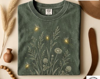 Comfort Colors Firefly Wildflower Shirt - Cottagecore Lightning Bug Tee - Botanical Nature Lover Gift - Boho Garden Aesthetic Shirt