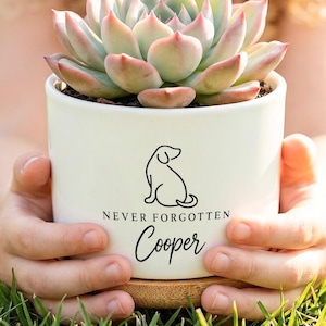 May include: A white ceramic cylindrical planter containing a green and pink succulent. The planter features a black line drawing of a dog and the text "NEVER FORGOTTEN Cooper" in black ink. The pot sits on a circular light brown wooden base.
