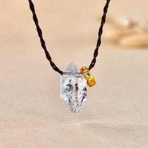 Herkimer Diamond Quartz Necklace Raw Crystal Point Pendant Double Terminated Minimalist Jewelry Adjustable Waxed Cord Spiritual Gift for Her
