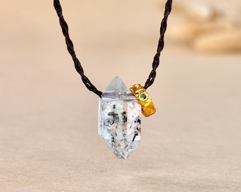 Collana con quarzo di diamanti Herkimer, pendente con punta di cristallo grezzo, gioielli minimalisti con doppia terminazione, cordino regolabile, regalo spirituale per lei e lui