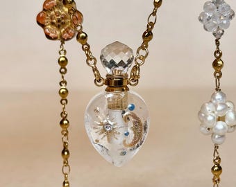 Hand Painted Clear Quartz Perfume Bottle Necklace Crystal Pendant for Essential Oil Fragrance Vial Celestial Motif Unique Gift for Her Daily