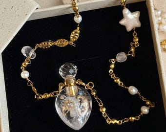 Hand Painted Clear Quartz Perfume Bottle Necklace Crystal Pendant for Essential Oil Fragrance Vial Celestial Motif Unique Gift for Her Daily
