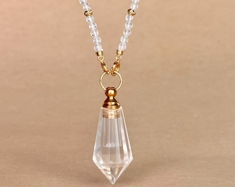 Collana minimalista con punta di cristallo di quarzo trasparente, ciondolo a forma di bottiglia di profumo, fiala di cristallo bianco fatta a mano, gioiello quotidiano, regalo significativo per lei