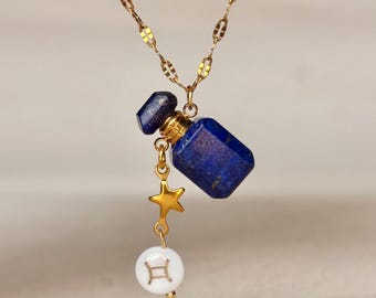 Lapis Lazuli Mini Perfume Bottle Necklace Zodiac Star Charm Crystal Vial Pendant for Essential Oil Fragrance Jewelry Keepsake Gift for Her