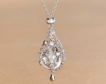 Collana con sfera di quarzo ialino, ciondolo apribile in gabbia di cristallo, supporto in metallo regolabile, gioiello spirituale boho, regalo per lei, sfera di cristallo