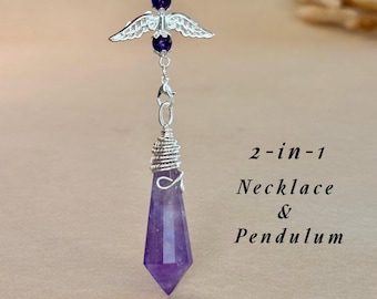 Collana di ametista, pendolo di cristallo 2 in 1, pendente con punta di cristallo viola staccabile, avvolto a mano, gioiello per meditazione intuitiva, regalo per donna