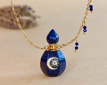 Lapis Lazuli Necklace Perfume Bottle Pendant Blue Crystal Keepsake Necklace Essential Oil Vial Celestial Jewelry Fragrance Gift for Women