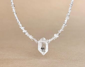 Organic Herkimer Diamond Necklace Raw Crystal Point Choker Natural Double Terminated Quartz Minimal Spiritual Jewelry Unique Gift for Her