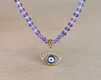 Collana con ametista e malocchio, collana con perline di cristallo viola, delicata pietra preziosa artigianale, protezione spirituale, regalo significativo per lei