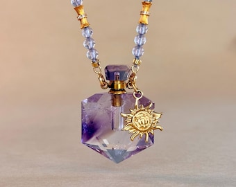 Collana con diffusore di oli essenziali di ametista, bottiglia di profumo, ciondolo con fiala di cristallo esagramma, ciondolo con sole e malocchio, regalo di gioielli spirituali per donne