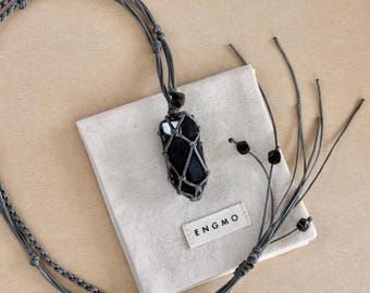 Black Obsidian Point Macrame Necklace Crystal Point Pendant Adjustable Cord Natural Gemstone Protection Grounding Jewelry Boho Gift for Her