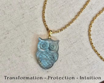 Labradorite Owl Necklace Natural Flashy Crystal Pendant Gemstone Transformation Protection Jewelry Unique Spiritual Gift for Her Birthday