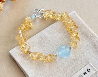 Braccialetto con acquamarina e citrino, delicato bracciale con perline di cristallo, argento sterling, gioiello spirituale boho, prosperità, regalo significativo per lei, chiarezza