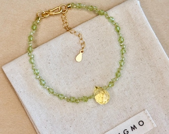 Bracciale in cristallo di citrino e peridoto, oro, con delicate perline, pietra preziosa, regalo di compleanno di agosto per lei, gioielli fatti a mano in argento sterling, simbolo di prosperità e crescita.